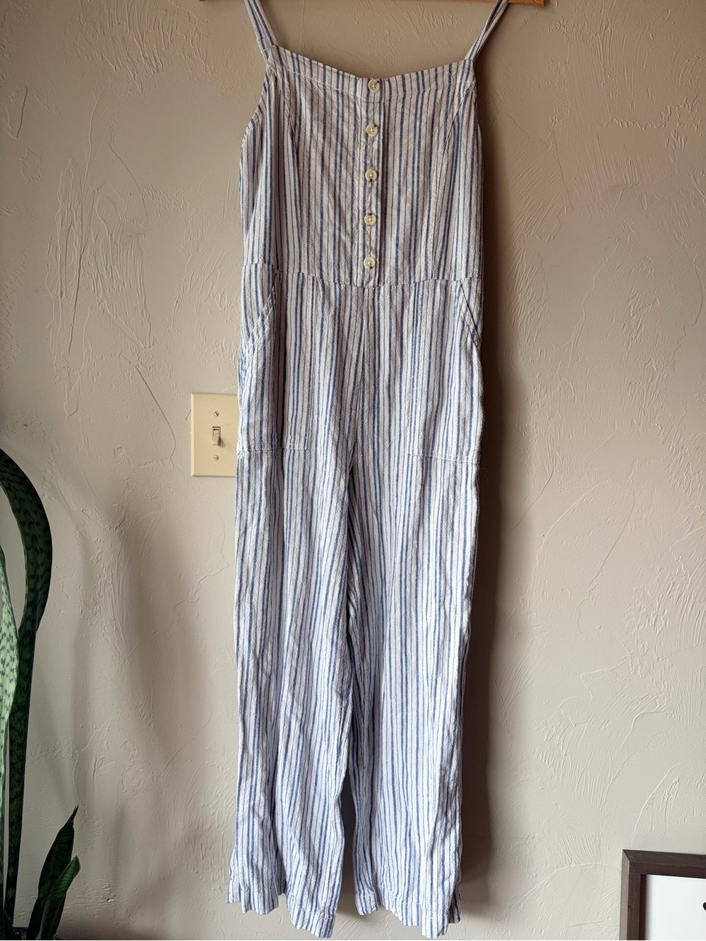 Old Navy Blue and White Striped Linen-Blend Sleeveless Jumpsuit Pockets Nautical